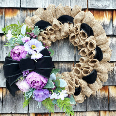Handmade Purple Peony & Anemone Burlap Wreath with Black Velvet Bow