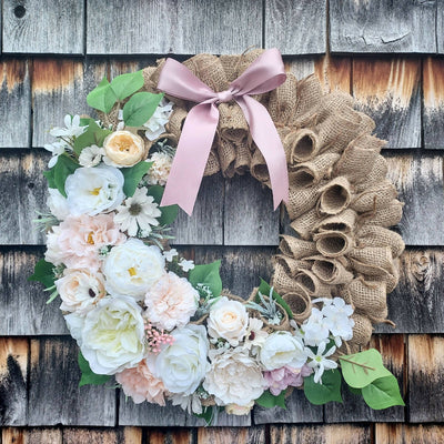 Handmade Spring Peony & Rose Burlap Wreath - White & Blush Faux Peony & Rose Burlap Wreath