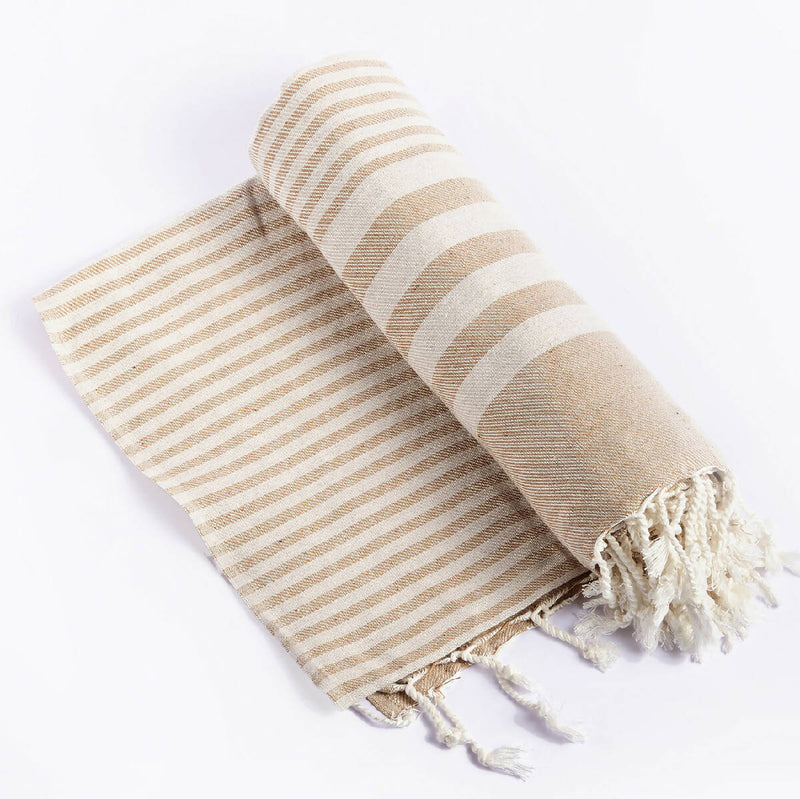 Fethiye Striped Handmade Throw Blanket - Beige