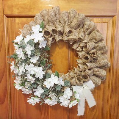 Handmade White Sakura & Eucalyptus Burlap Wreath