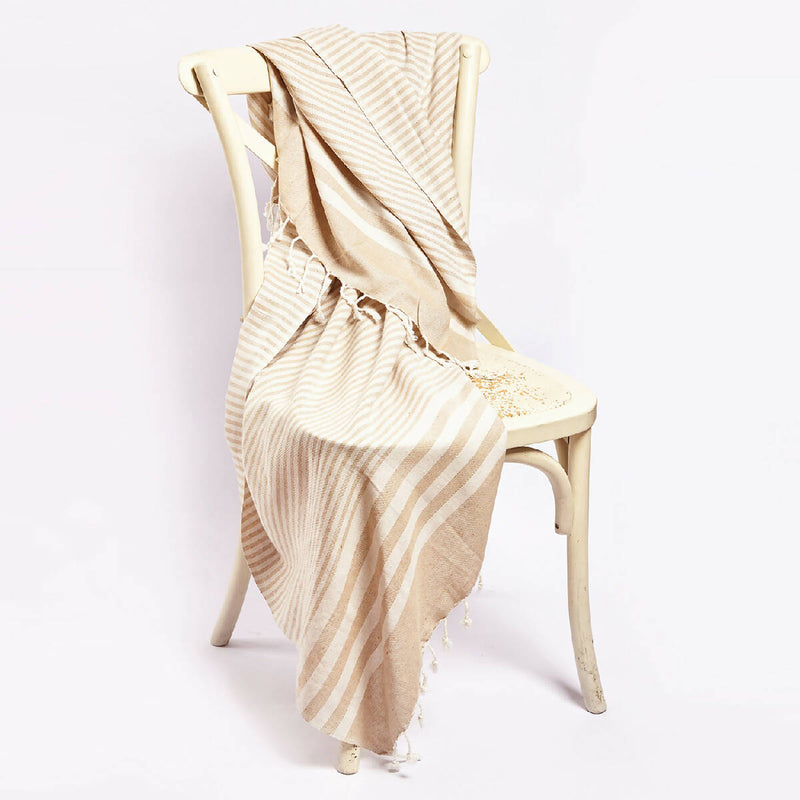 Fethiye Striped Handmade Throw Blanket - Beige