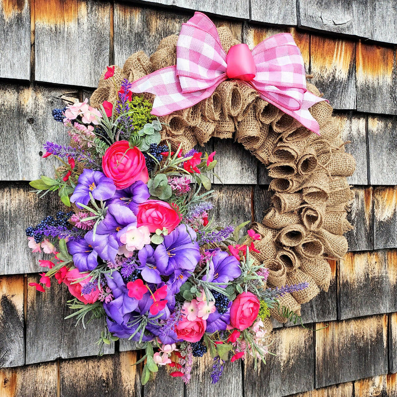 Handmade Spring Wildflower Burlap Wreath with Ranunculus, Petunias and Lavender