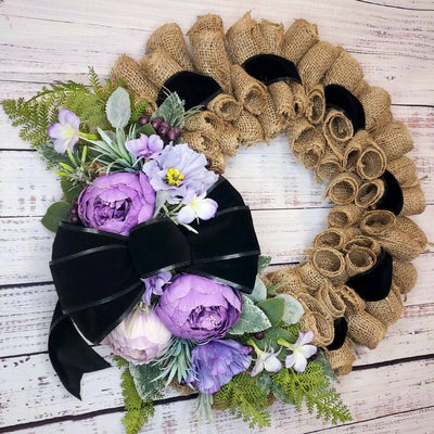 Handmade Purple Peony & Anemone Burlap Wreath with Black Velvet Bow