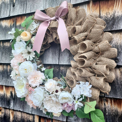 Handmade Spring Peony & Rose Burlap Wreath - White & Blush Faux Peony & Rose Burlap Wreath